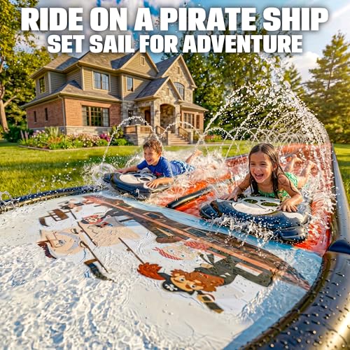 Image of JAMBO Premium 22Ft Water Slide and 2 Bodyboards, Extra Long Heavy Duty Slip Splash and Slide with Inflatable Bumpers, Pirate Splash Mat Water Sprinkler, Outdoor Water Toys, Summer n Toy, Splash Pad