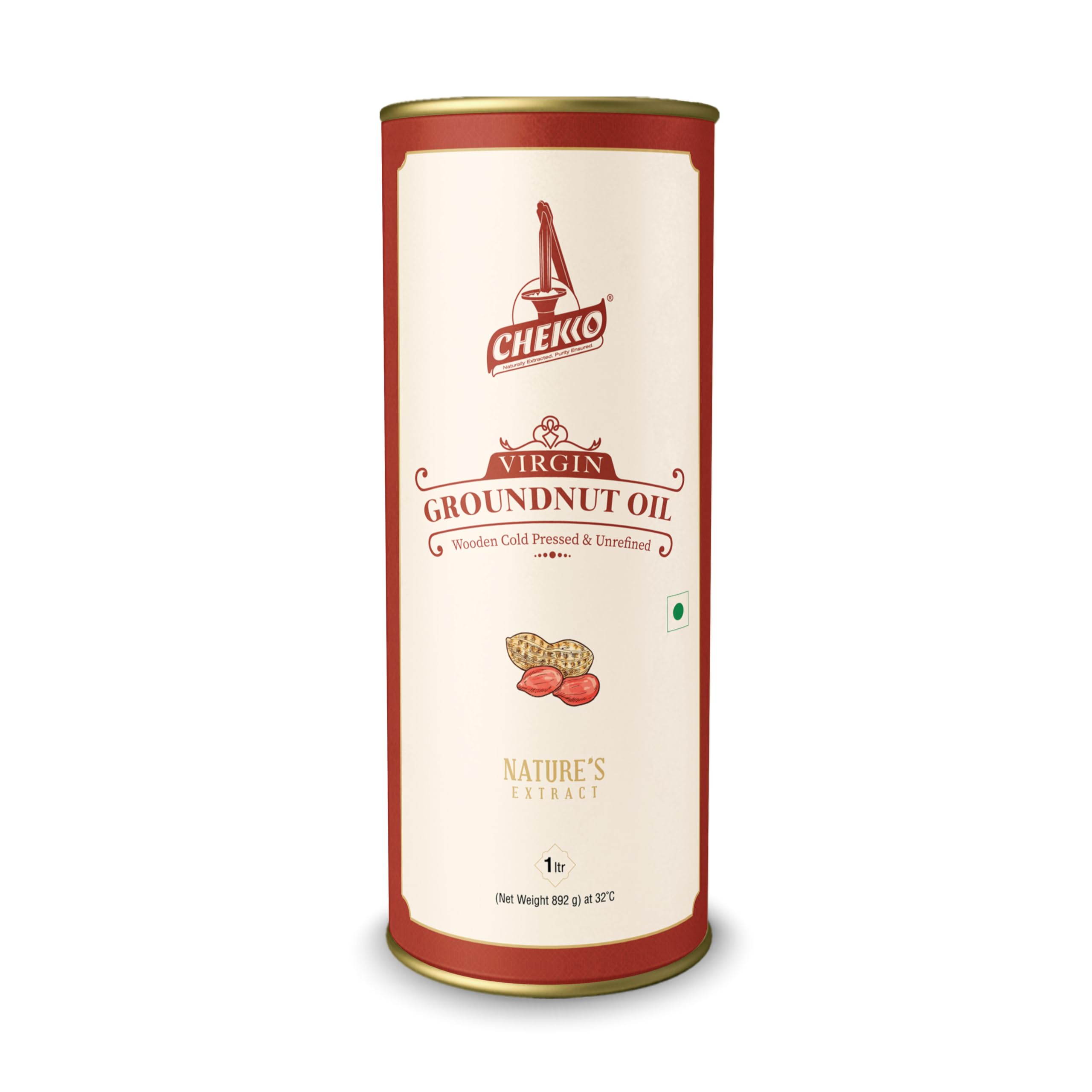 Chekko Cold Pressed Groundnut/Peanut Oil (Virgin, Kachi Ghani, Non GMO) | 100% Natural, Pure & Wood Pressed (1L - 33 Fl Oz) for Cooking