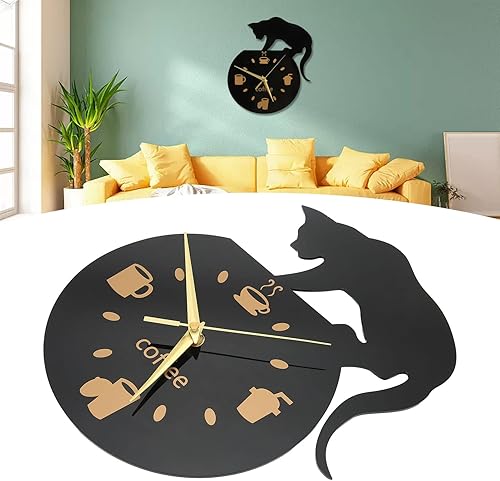 Miniatura 4 de GLOGLOW Reloj de pared de cocina, reloj de pared 3D, movimiento silencioso, café, gato, sin marco, diseño para oficina, dormitorio, dormitorio