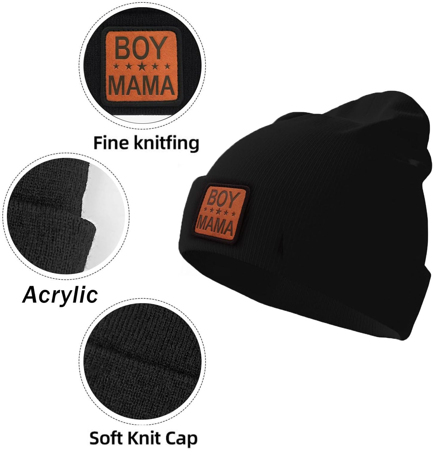 Boy Mama Beanie Hat, Soft Winter Cap for Mom of Boys, Leather Patch Mom Gift, Stretchy Cuffed Beanie Black - Image 4