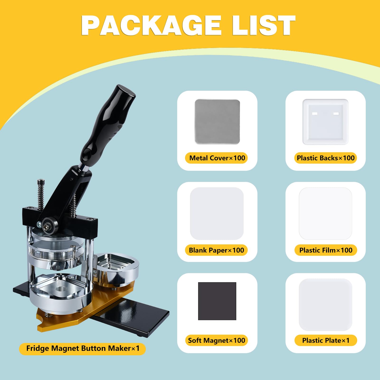 Happizza Máquina para hacer botones magnéticos para nevera, máquina de hacer pines cuadrados de metal de 50 mm para imán de refrigerador, kits de prensa de botones de insignia de bricolaje con 100