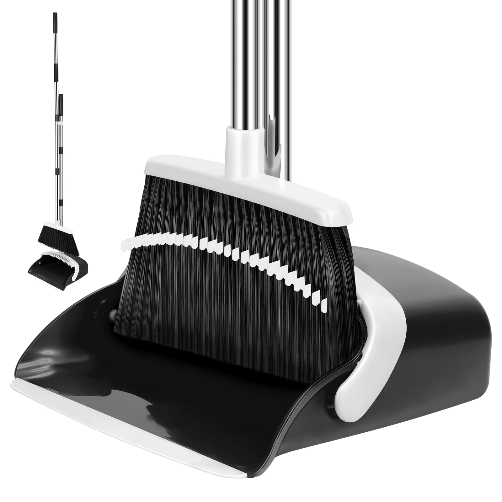Broom and Dustpan Set, 55-in Long Adjustable Handle Broom with Dustpan Combo Set with Dustpans Teeth to Automatically Clean Hair Suitable for Home Kitchen Office Hall Lobby, Large(Black&amp;White)