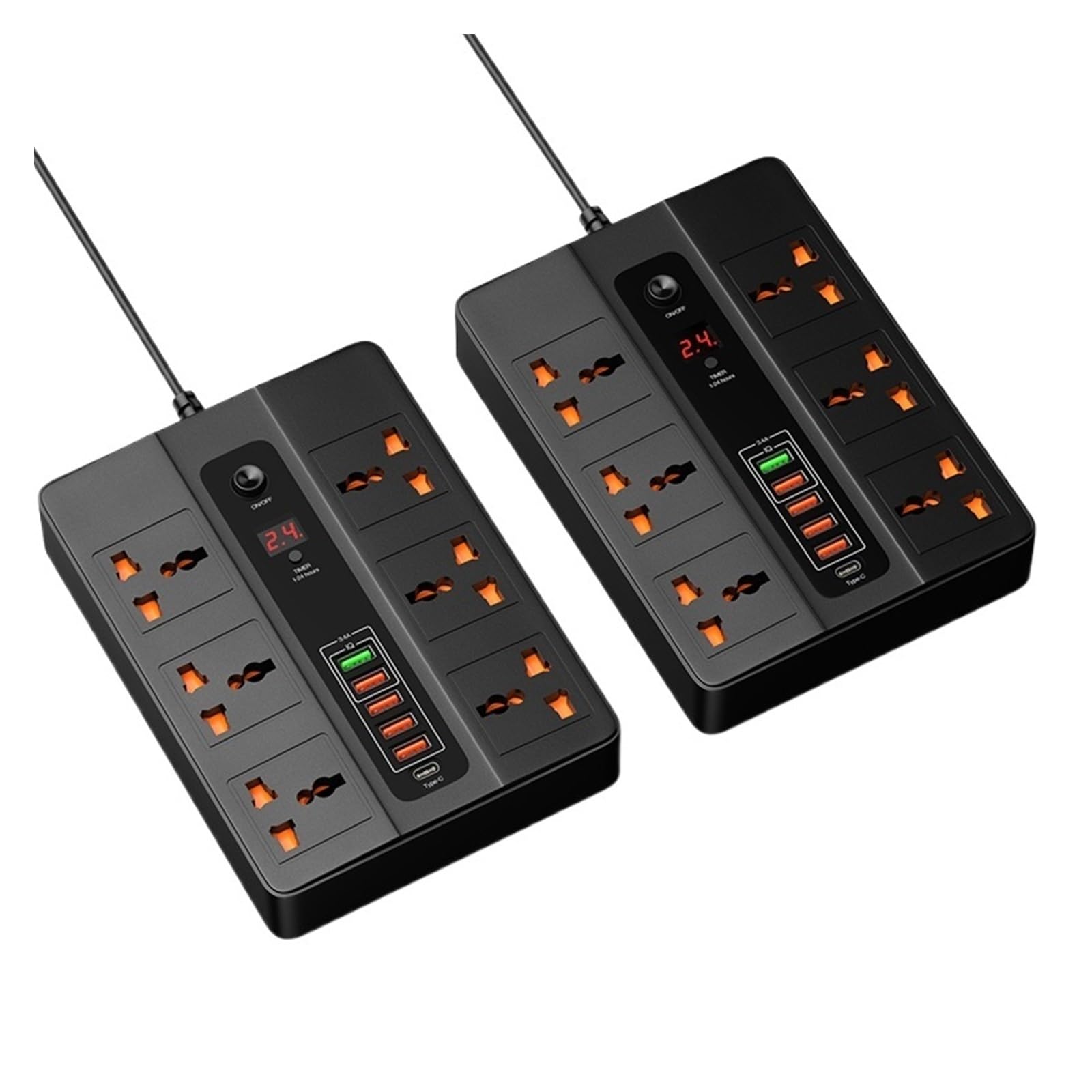 Ładowarka USB, 6 portów 20W PD QC3.0 Szybka ładowarka USB typu C Adapter stacji szybkiego ładowania 3000W 6 gniazd AC Listwa zasilająca(2PCS Black 5V-3.4A)