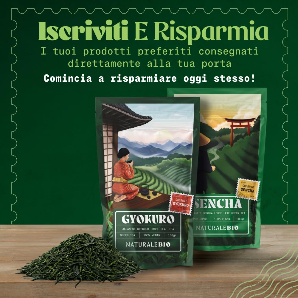 NaturaleBio Tè verde Gyokuro Giapponese Biologico da 100g. Bio, Naturale e Puro, Thè verde in foglie di primo raccolto coltivato in Giappone. Organic Japanese Gyokuro Green Tea.