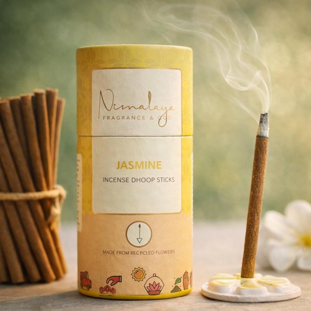 Nirmalaya 100% Natural Jasmine Dhoop Sticks for Pooja 40 Sticks | Bamboo Less Dhoop Sticks for Home/Office | Dhup for Puja with Holder Stand | Best for Long Lasting Fragrances