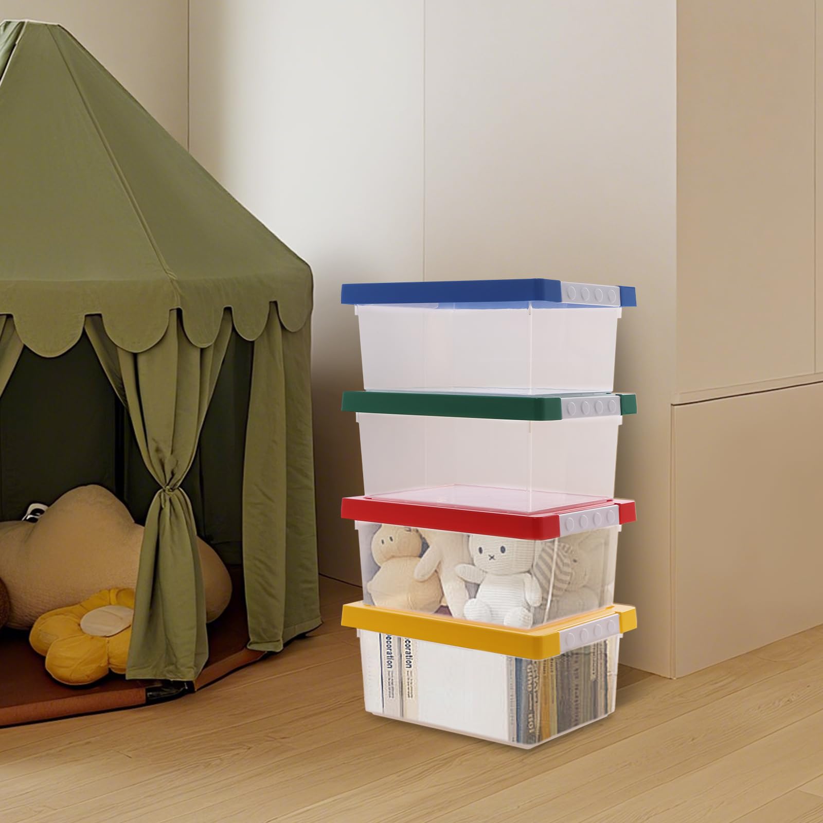 4er-Set Stapelbar Aufbewahrungsboxen mit Deckel I Transparente Sortierbox aus PP I Spielzeugkiste für Kinderzimmer, Steine & Kleinteile I Robust & Platzsparend I Aufbewahrungsbox Kinder (9L)