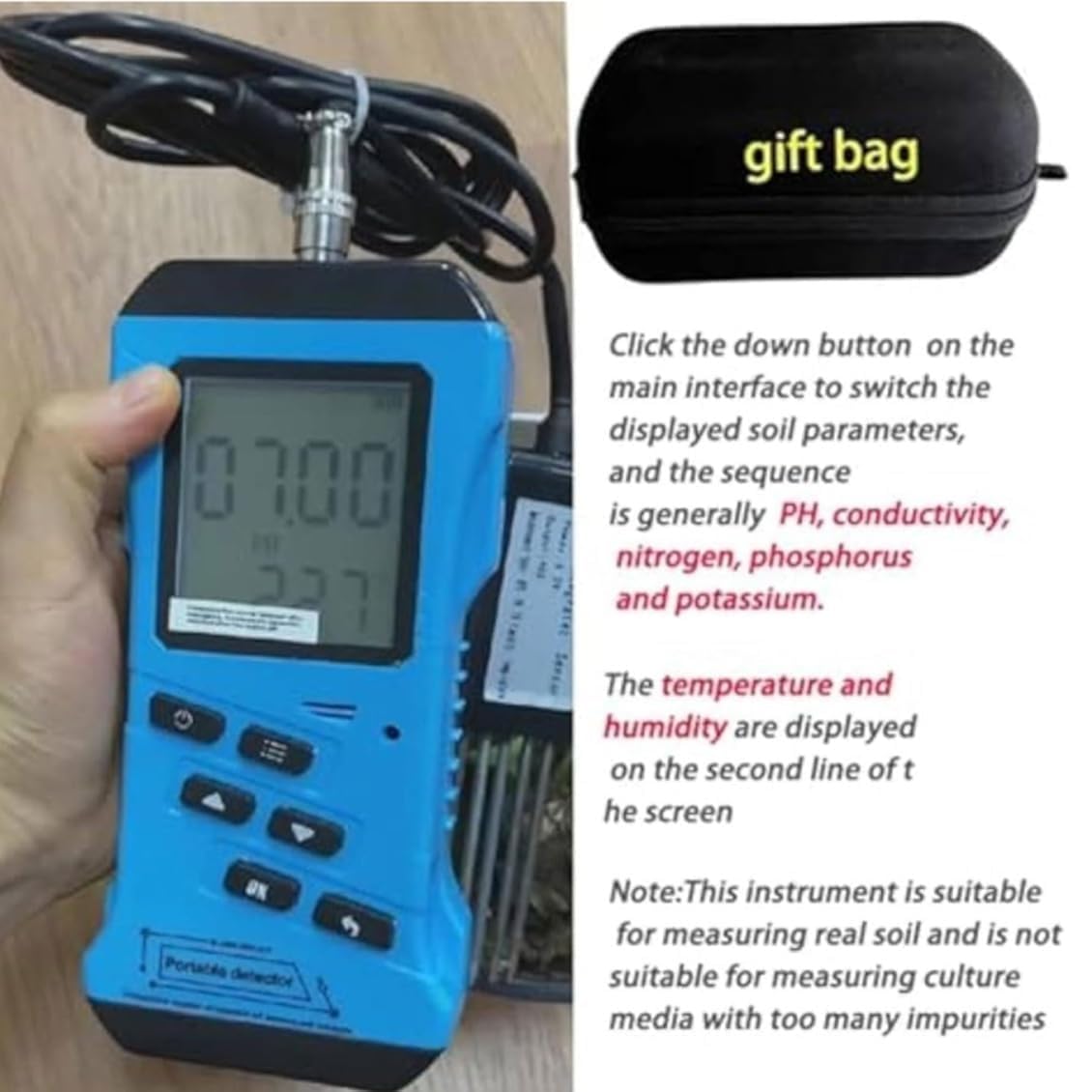 Probador digital de humedad del suelo con sensor NPK/PH/EC/humedad de alta precisión, pantalla LCD retroiluminada para jardín, granja, invernadero, análisis de temperatura y humedad