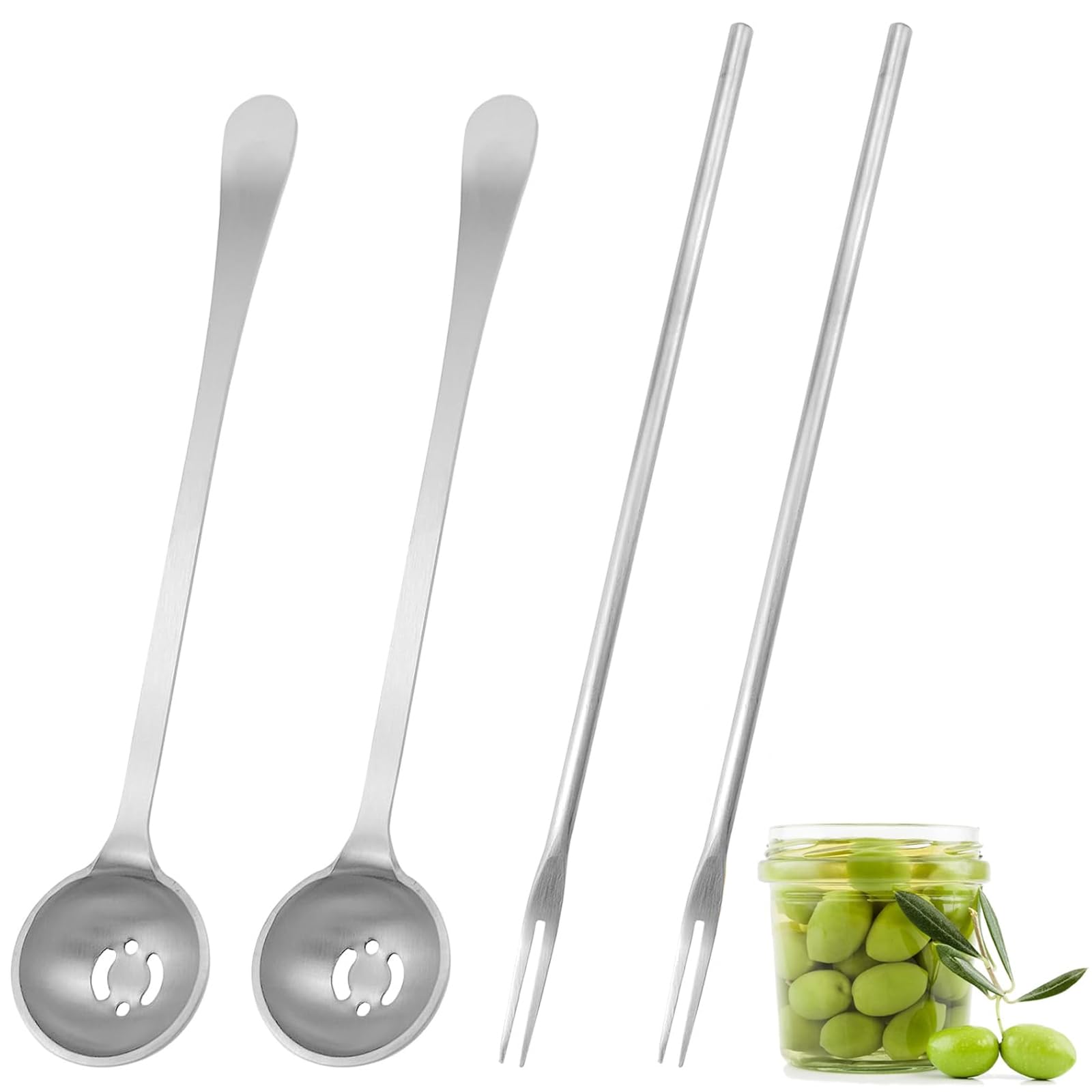 GIONAR Olivenlöffel und Gurkengabel-Set, Edelstahl, mit langem Griff, eingelegter Zwiebelgreifer für Oliven-, Gurken-, Zwiebel- und Rucola-Gläser, 18 cm, 4 Stück