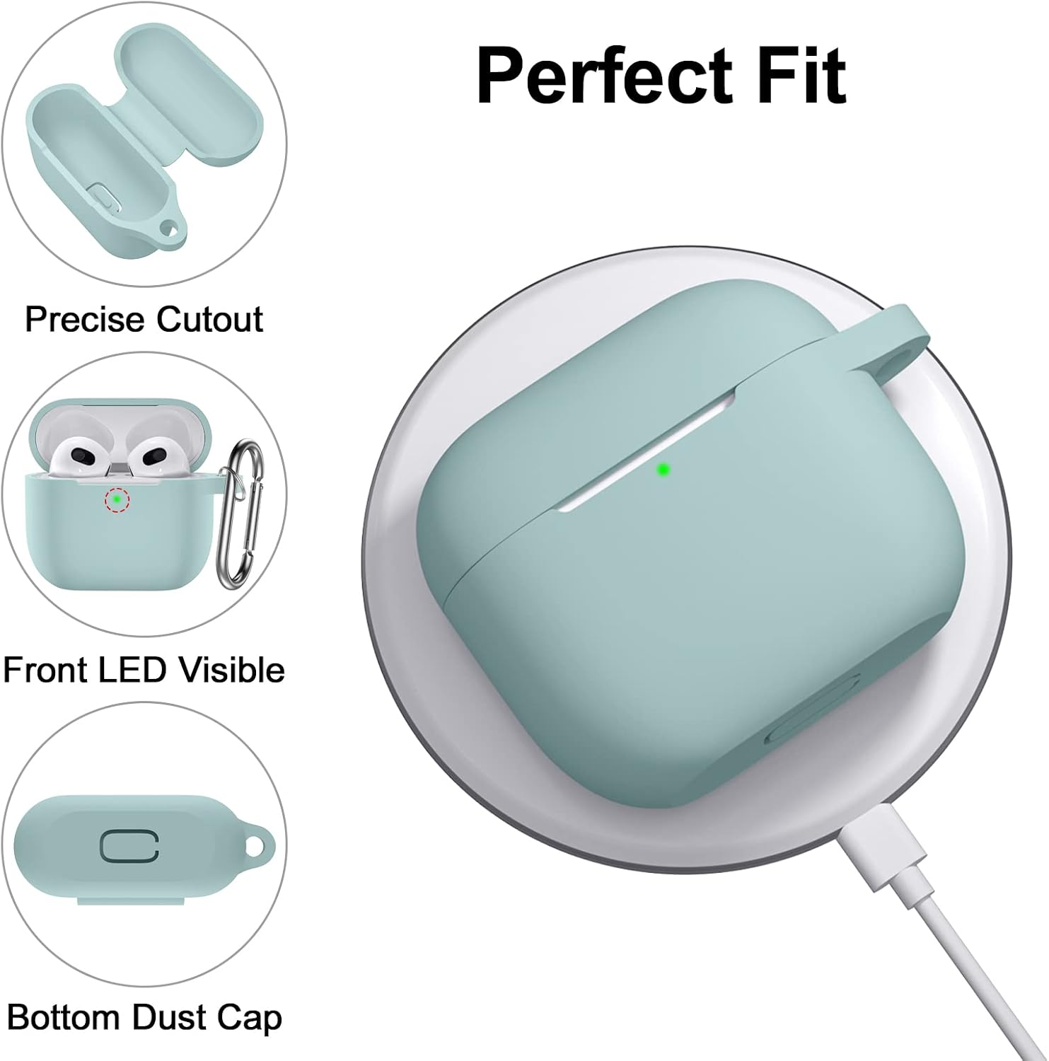 SNBLK Designed for AirPods 3 Case Cover 2021, Soft Silicone Shock-Absorbing Protective Skin Compatible with AirPods 3rd Generation Case with Keychain, Wireless Charging, Front LED Visible, Blue Green