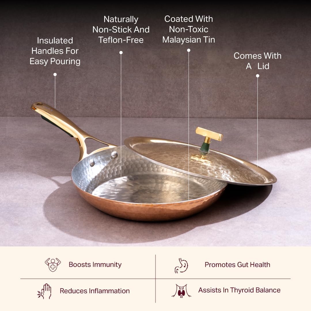 P-TAL 10.5" Copper Curved Fry Pan with Brass Lid | 100% Pure Copper, Golden Hammered Finish