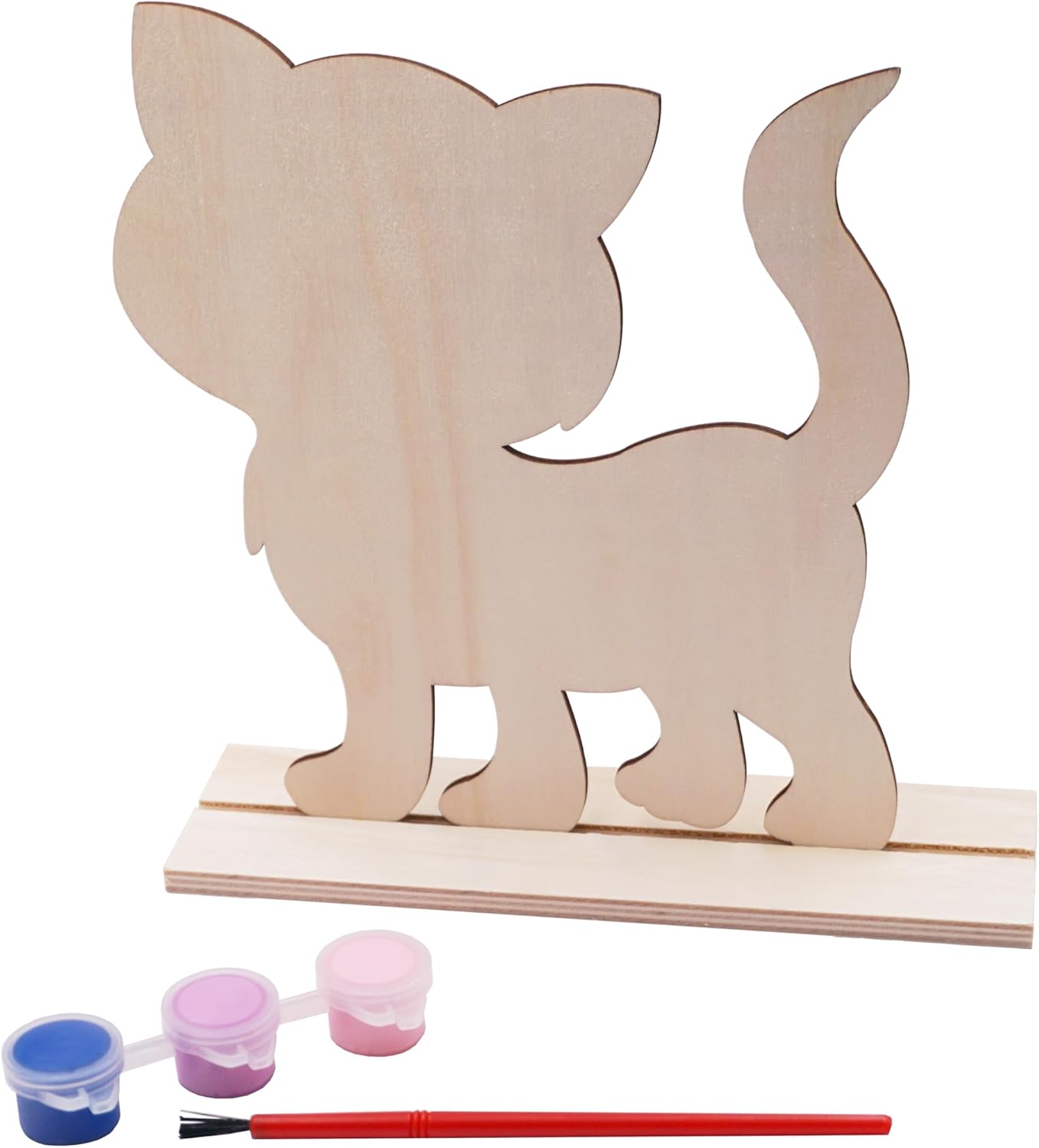 12 Pack Wooden Painting Set - Includes Cat Shape with Base, Paintbrush, and 3 Vibrant Tempera Paint Colors for Kids Creative Fun and DIY Art Projects