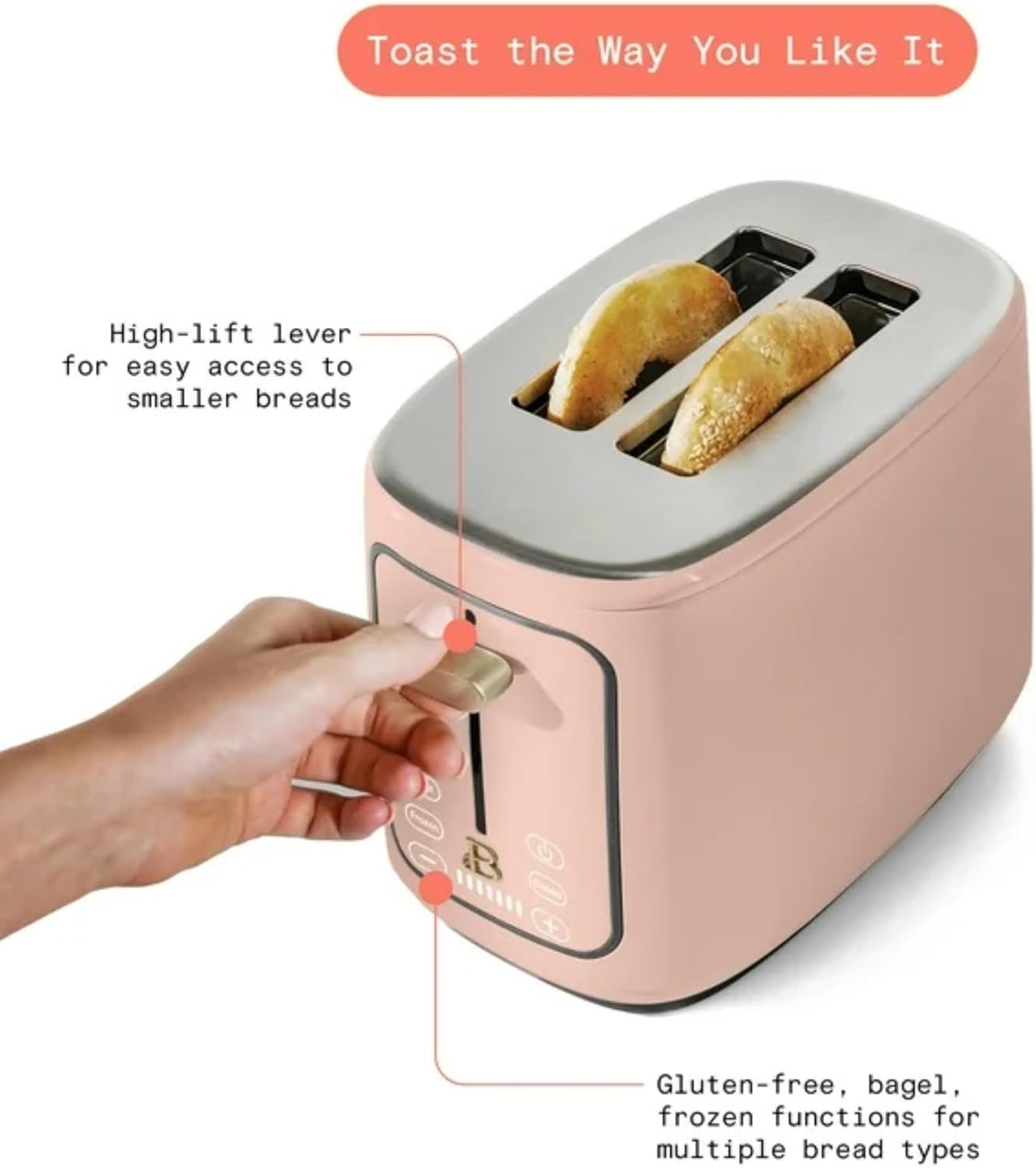 2 Slice Digital Toaster with Touch Control Panel, Adjustable Toast Shade Settings, Wide Bread Openings, Bagel & Frozen Modes, Removable Crumb Tray (Rose)
