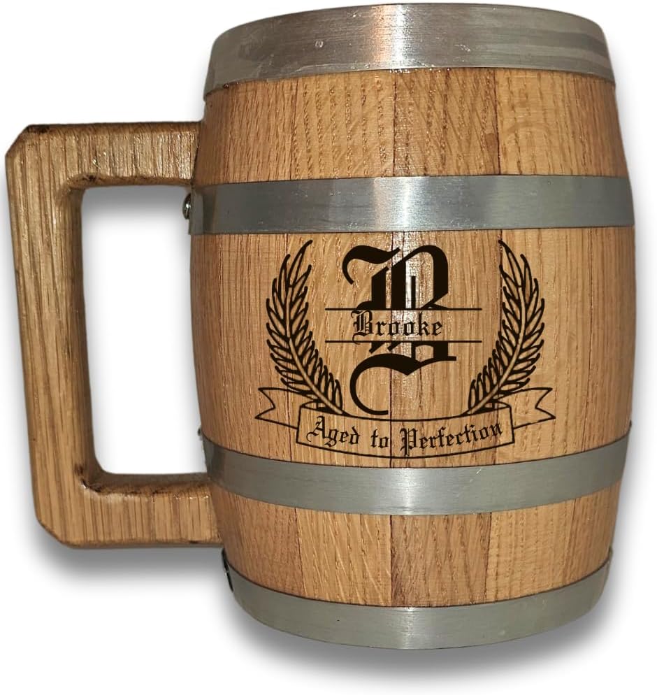Personalized Oak Wood Barrel Beer Mug Tankard with Stainless Steel Interior - Engraved with Your Name