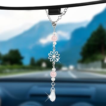 Hovom Flower Car Charm for Rear View Mirror, Cute Crystal Rearview Mirror Hanging Ornaments, Auto Window Boho Hanging Pendant Sun Catcher, Car Decorations Gifts for Women Girls Pink