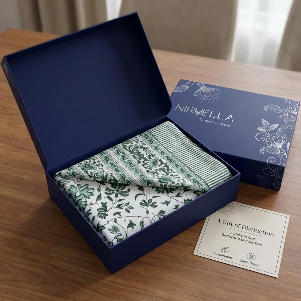 Handcrafted Hand Block Print Tablecloth 6 Seater Rectangle 60x90 Inch - Floral Canvas Cotton - Fall & Holiday Dinner Collection - Washable Reusable Sustainable Gift-Boxed - Green & White - Image 7