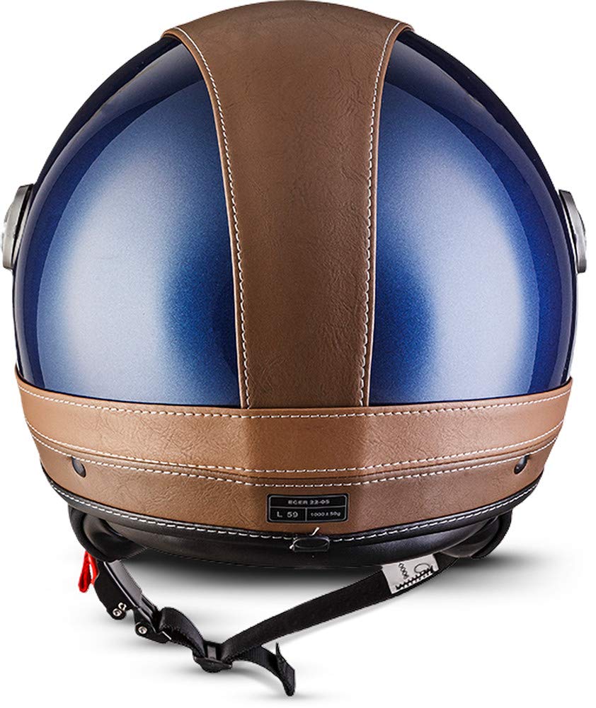 Soxon® SP-325 Urban „Blue“ · Jet-Helm · Motorrad-Helm Roller-Helm Scooter-Helm Moped Mofa-Helm Chopper Retro Vespa Vintage Pilot · ECE 22.05 Visier Leather-Design Schnellverschluss Tasche XS (53-54cm)