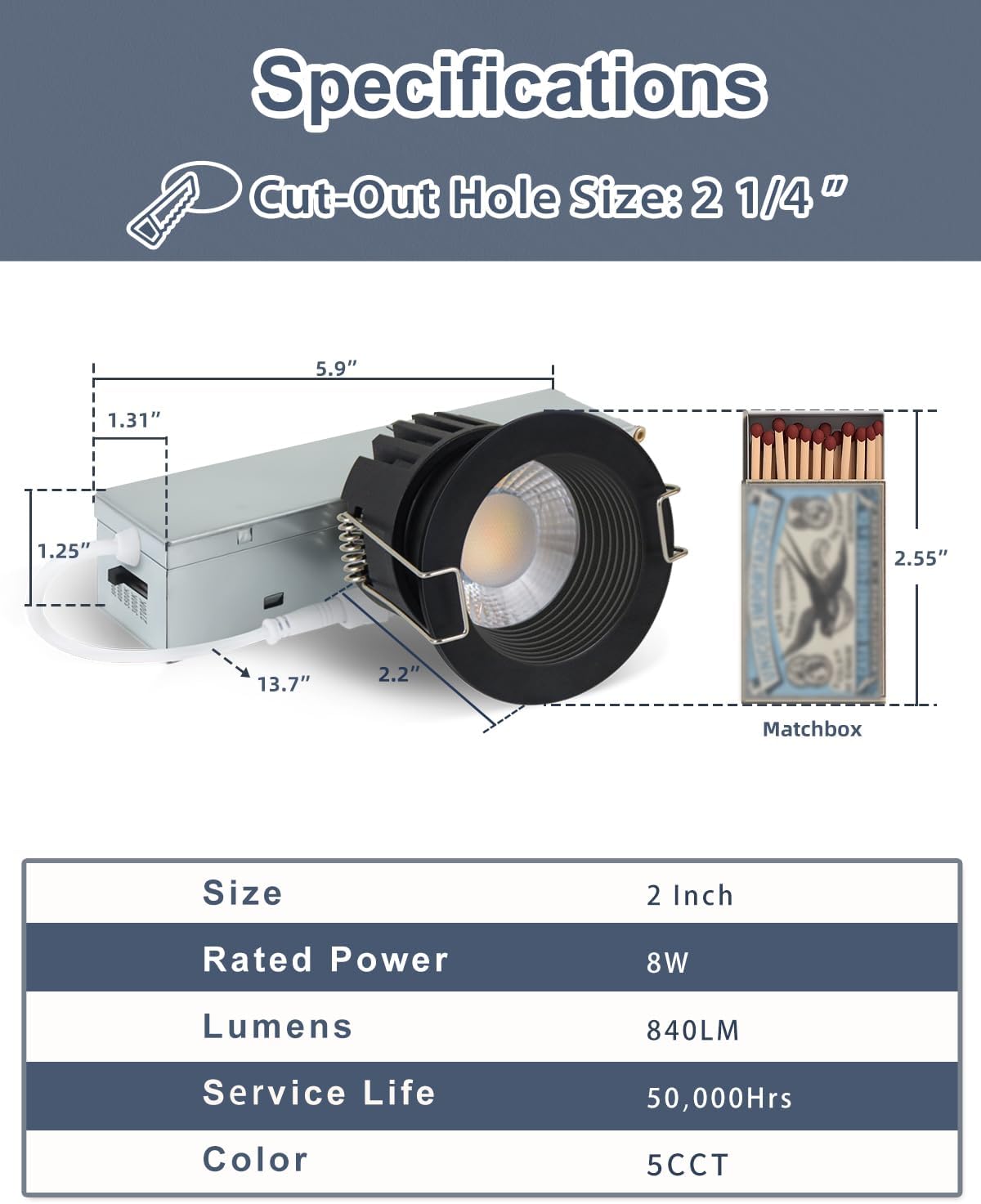 Aosclex 2 Inch 5CCT Anti-Glare LED Recessed Lights with Jbox, 2700K/3000K/3500K/4000K/5000K Selectable, 8W 840LM CRI90+, Dimmable Canless Downlight, Waterproof Light Fixtures, ETL & FCC（Black, 6 Pack）