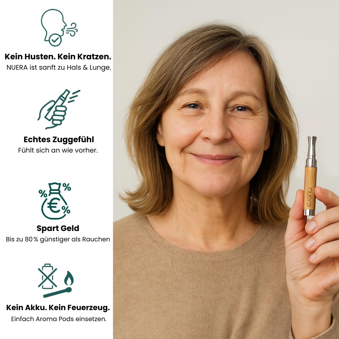Nuera Rauchstopp-Set I Aroma-Inhalator ohne Nikotin zur Rauchentwöhnung I Nichtraucher Hilfsmittel mit vertrautem Zuggefühl I Zigarettenersatz für die Hand I Stick + 3 Sorten (Kaffee, Zitrone, Minze)