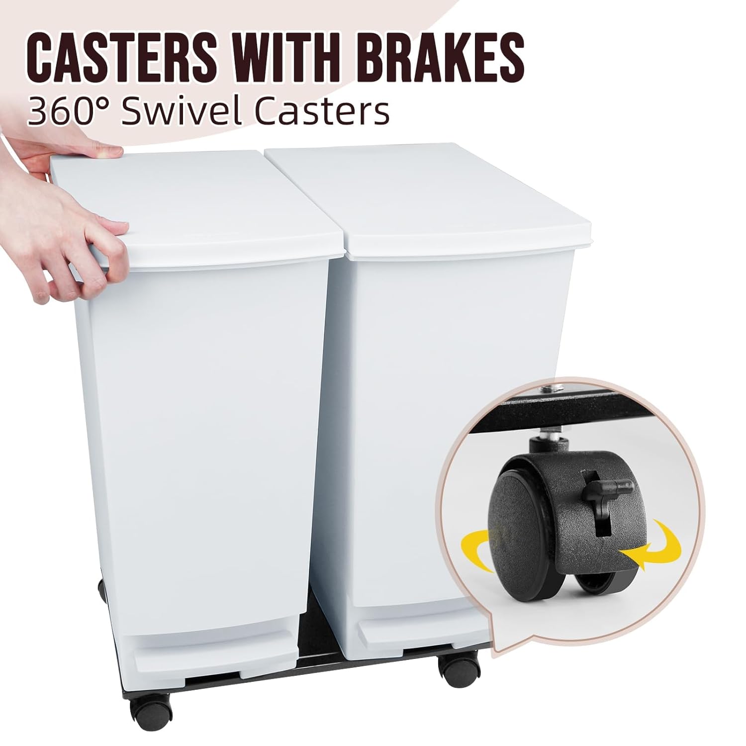 Large Trash Can with Wheels and Lid, 8 Gallon Kitchen Foot Pedal Garbage Can with 360° Swivel Casters, Hands Free Step On Recycling White Trash Can - Odor Block, Durable Metal Wheel Base, 2Pack