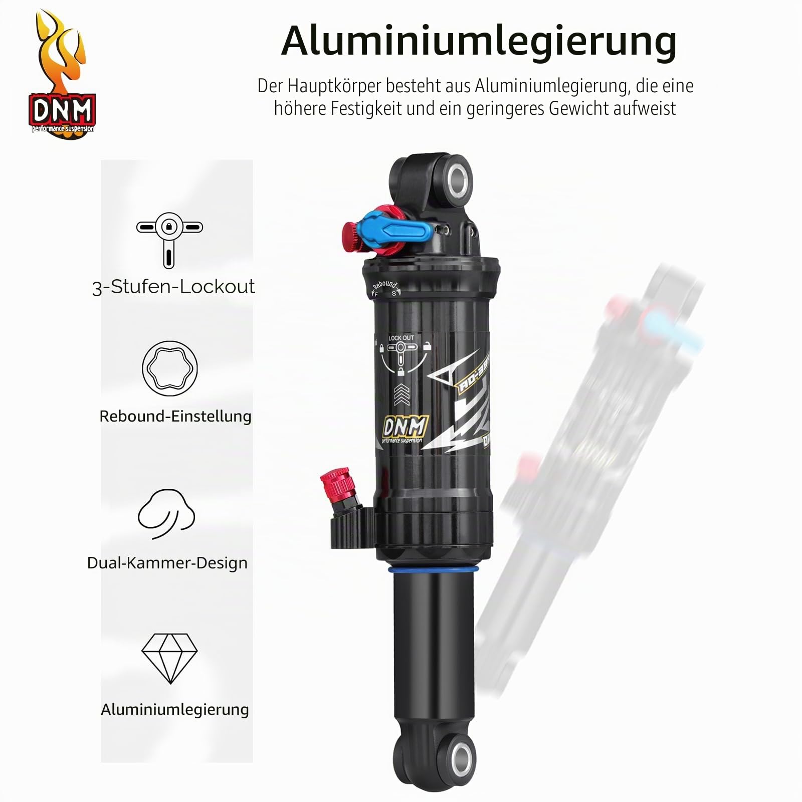 DNM AO-39RC MTB-Hinterrad-Stoßdämpfer Fahrrad Luft-Hinterrad-Stoßdämpfer Rückstoß/Lock Out - Einstellbarer Luftdruck 165/190/200mm Fahrrad-Hinterrad-Stoßdämpfer (165mm)