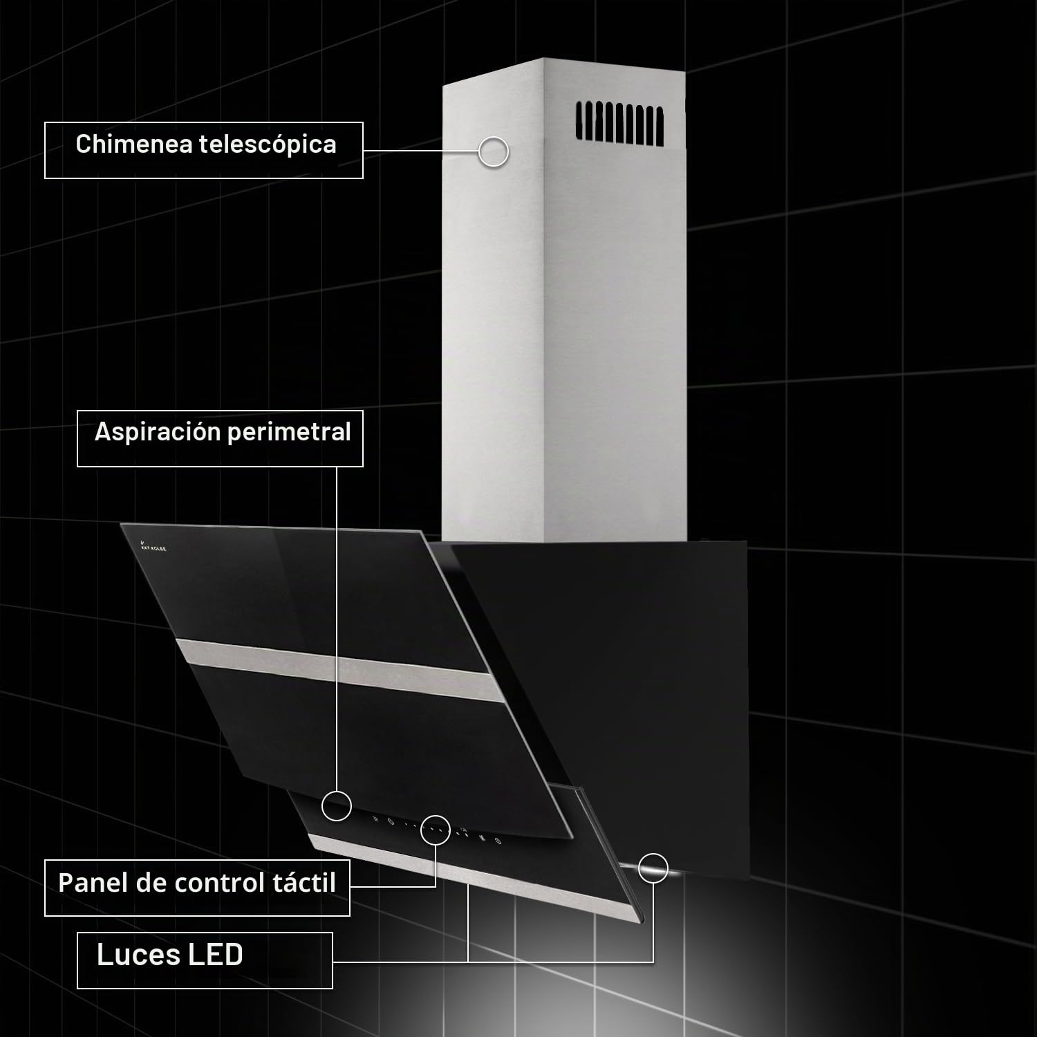 Campana Extractora 80 cm | Campana de Pared Inclinada | acero inoxidable | vidrio negro | apagado automático | Funcionamiento táctil | HERMES8005S