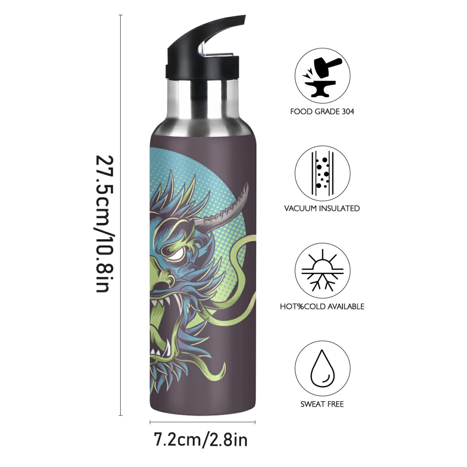 Niigeu Dragon De Style Chinois Vintage Bouteille D'eau Isotherme Avec Paille En Acier Inoxydable Gourde, Sans BPA Gourdes Eau Pour Enfant Sport Randonnée École Bureau (600ml/1L
