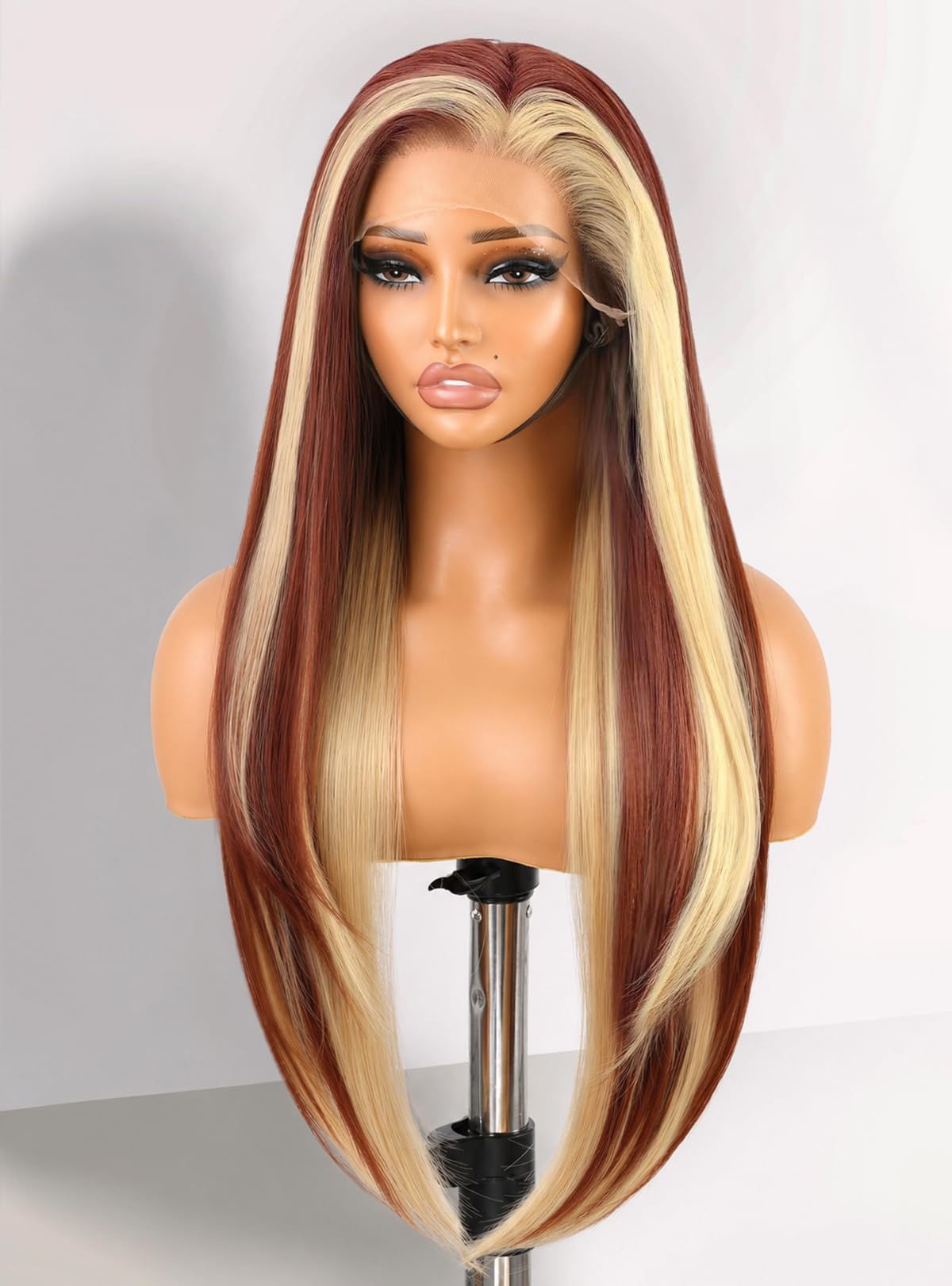 View 1 of 13x4 HD Copper Blond Lace Front Wig 30" Pre-Plucked Glueless Synthetic Wigs