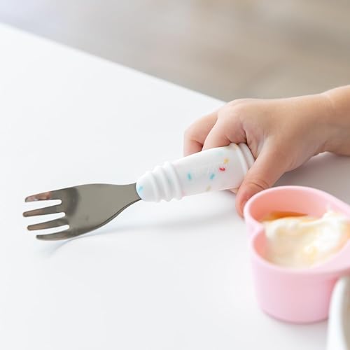 Miniatura 2 de Bumkins Utensilios para niños pequeños, juego de tenedor y cuchara para niños, cubiertos de entrenamiento de silicona y acero inoxidable, tenedores