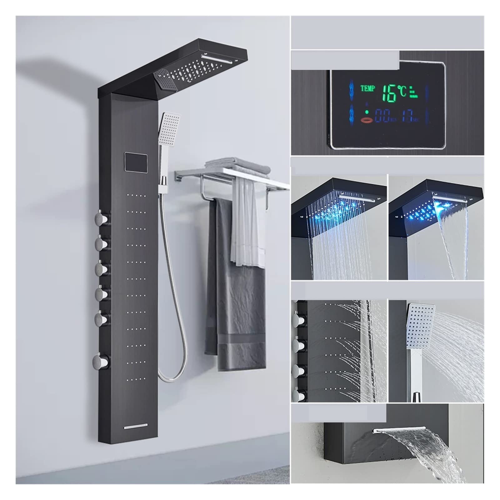 Soywim 8013 Black D Shower System, Black Led Light Shower Faucet Bathroom Spa Massage Jet Column System Waterfall Rain Panel Bidet Sprayer Tap(8013 Black D)