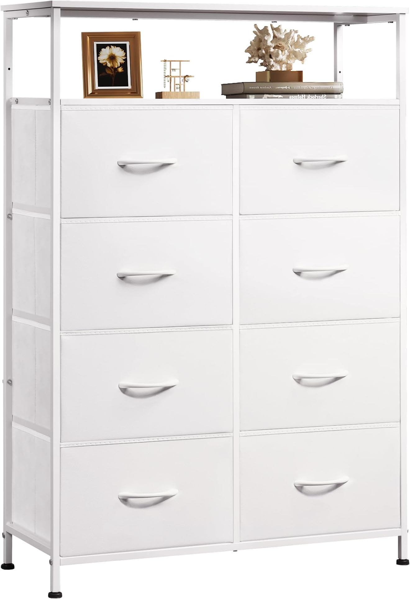 Fabric Dresser for Bedroom with Open Shelves, Tall White Dressers with 8 Drawers, Storage Tower with Fabric Bins, Chest of Drawers for Closet, Hallway