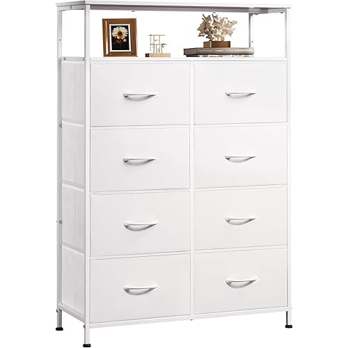 WLIVE Fabric Dresser for Bedroom with Open Shelves, Tall White Dressers with 8 Drawers, Storage Tower with Fabric Bins, Chest of Drawers for Closet, Hallway