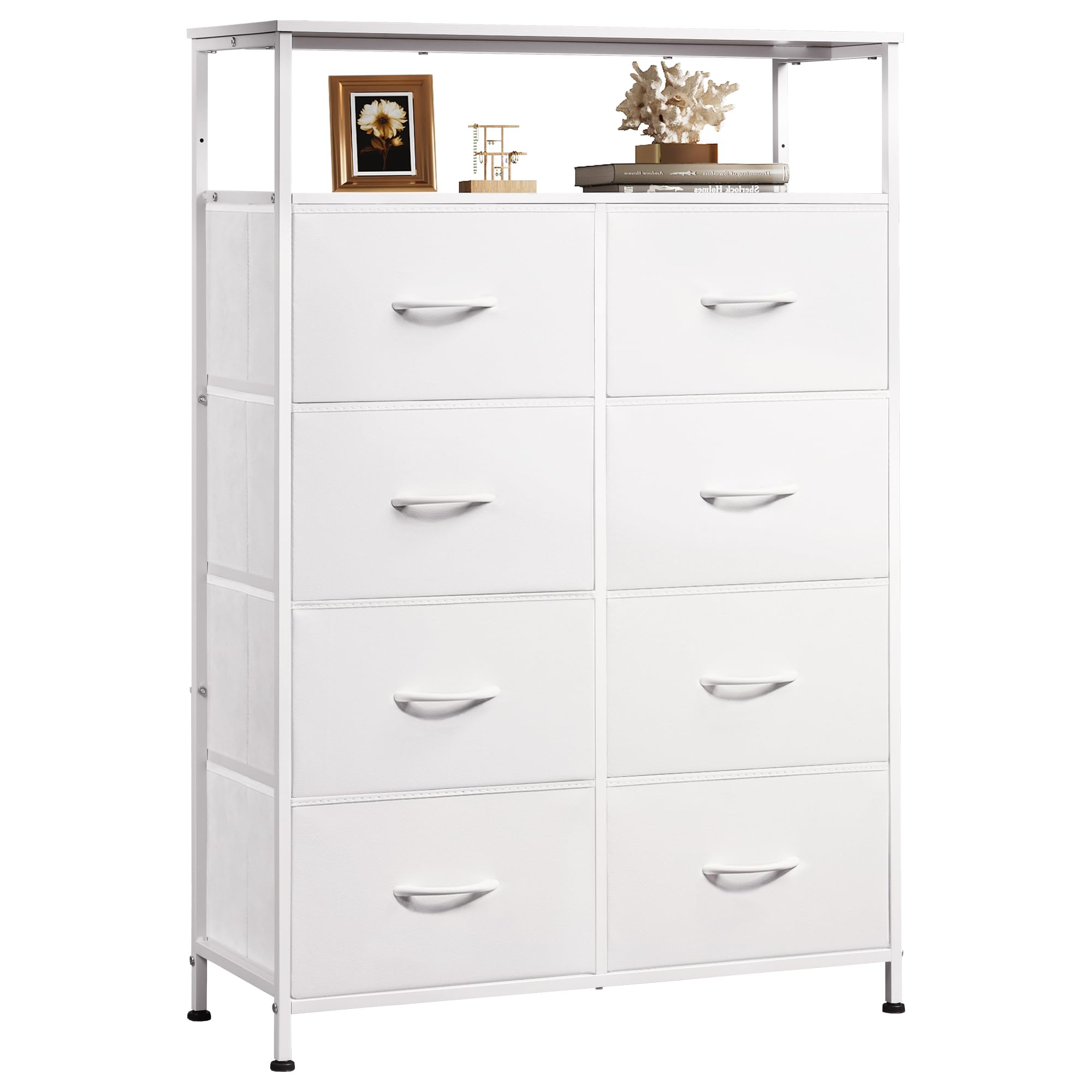 WLIVE Fabric Dresser for Bedroom with Open Shelves, Tall White Dressers with 8 Drawers, Storage Tower with Fabric Bins, Chest of Drawers for Closet, Hallway