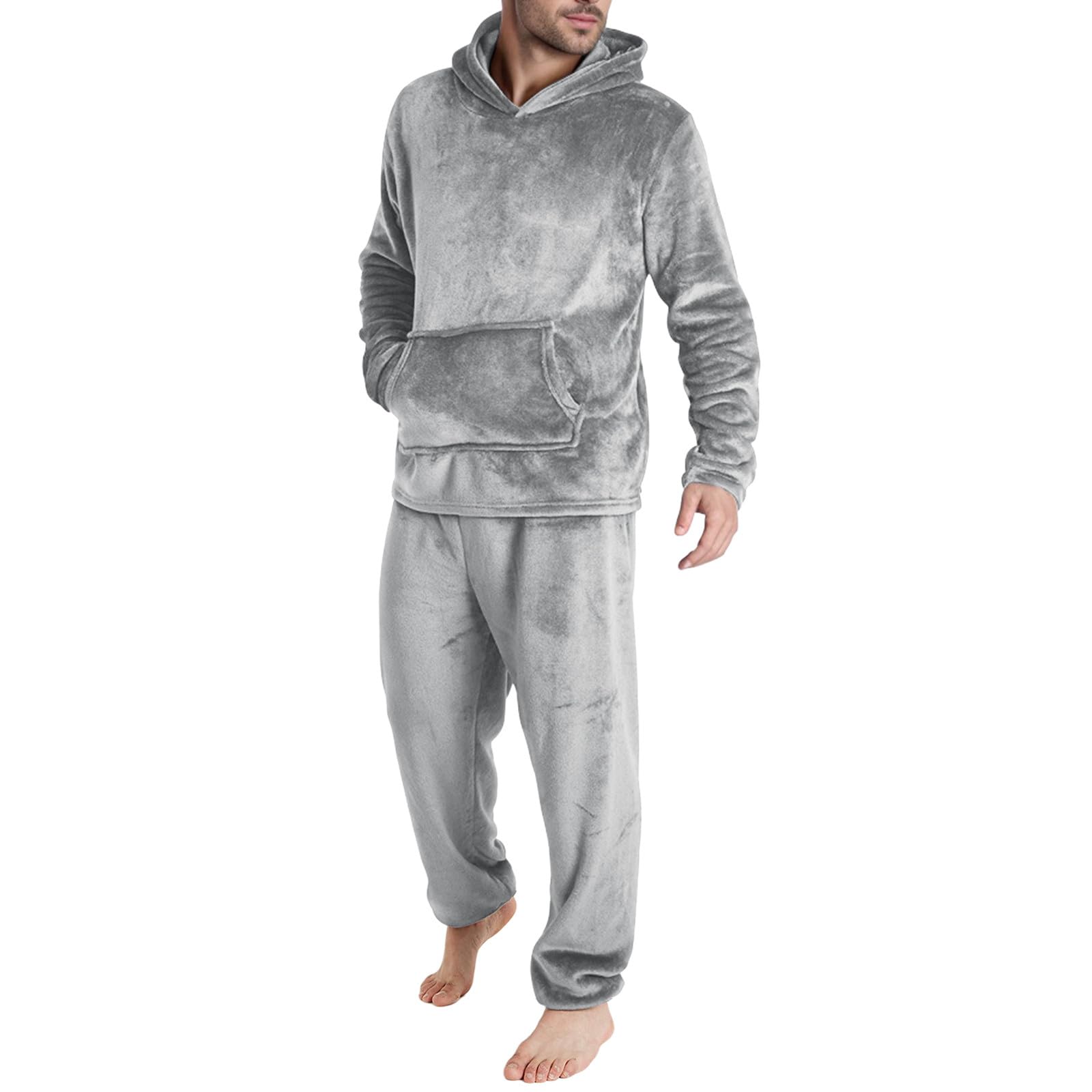 Generisch Pijama largo de franela para hombre, de forro polar, con capucha y pierna ancha, pantalones de casa elásticos, juego de dos piezas, mullido, térmico, con capucha, pantalones de dormir