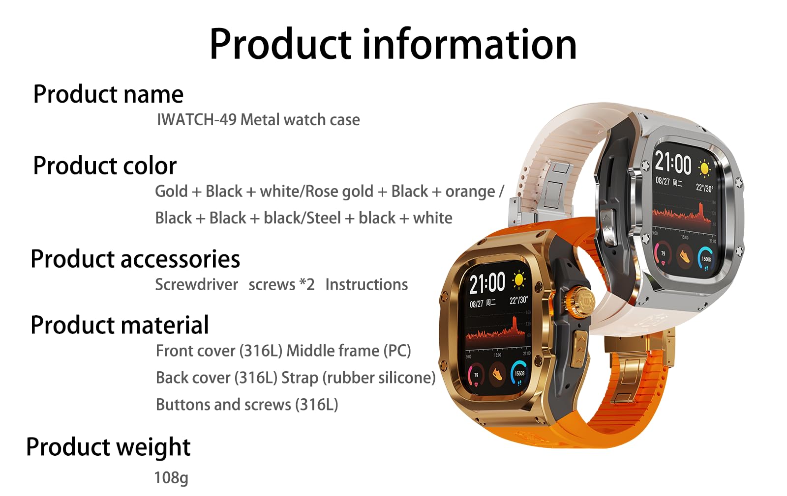 VeveXiao Robuste Schutzhülle mit Armband kompatibel mit Apple Watch Ultra Bändern 49mm, Metall Schutzhülle mit Silikonband stoßfest Bumper für iWatch Ultra 49mm Herren und Damen
