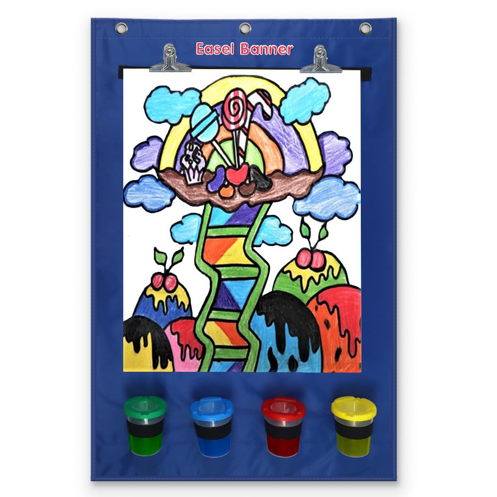 Twohomc Easel for Kids, Art Easel for Toddler 2-4 Years Easel with 4 Paint Cups, Hanging Canvas with 2 Stainless Steel Clips, Large Kids Chalkboard Easel Drawing with 3 Hooks, Birthday Gifts for Kids