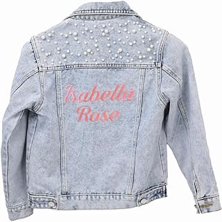Personalized Embroidered Girls Jean Jacket, Customized Kids Pearl Jean Jacket with Name, Cute Toddler Coat for Flower Girls Gifts for Wedding, Birthday, Family Wear for Mother & Kids