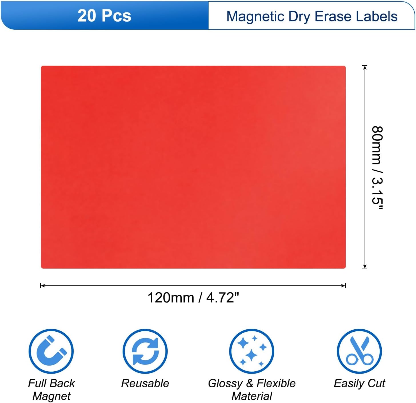 MECCANIXITY 20 Pcs Dry Erase Magnetic Labels Colorful Strips 4.7" x 3.1" Writable Red Name Tags Sticker for Craft Whiteboard Fridge Locker Home Office Classroom