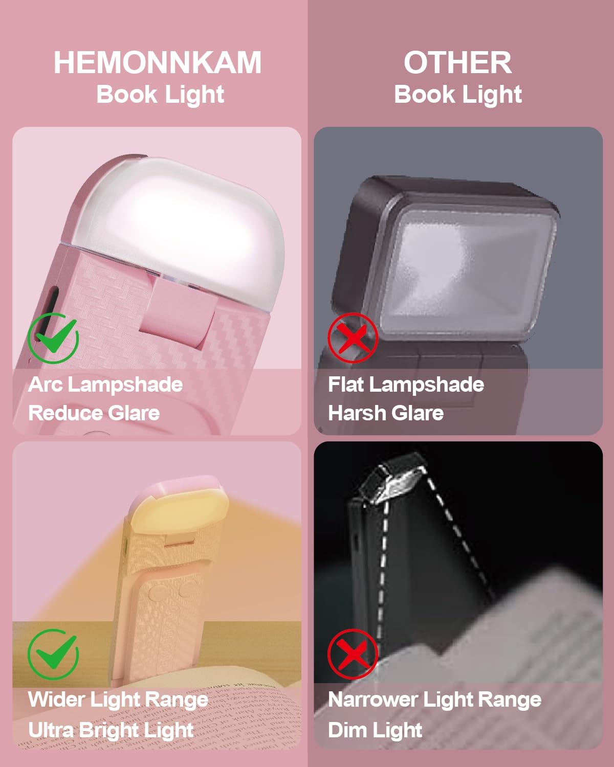 HEMONNKAM Luz de lectura de libro, recargable con clip, 3 temperaturas de color y 5 niveles de brillo, uso nocturno para cama, larga duración, lectura por la noche en la cama, rosa