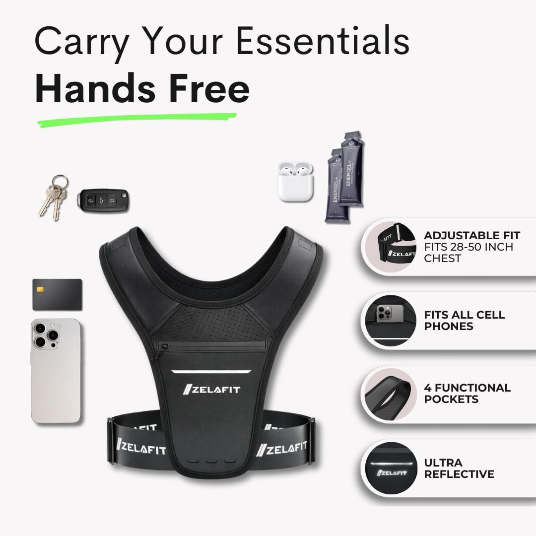 ZelaFit™ Running Phone Holder Vest for Women & Men – Lightweight Running Gear and Everyday Running Essentials – Chest Rig Phone Holder for Running (Black)