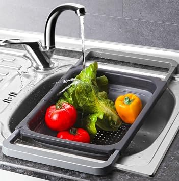Katlanabilir Silikon Lavabo S zgeci, Ayarlanabilir Kollu Evye  st  S zge , Antrasit, 5,5 Litre, 26x39x4 cm