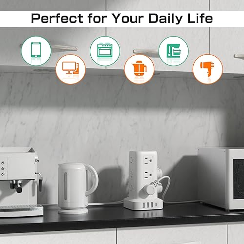 Miniatura 6 de Regleta protectora contra sobretensiones de torre con 12 tomacorrientes, 4 USB (1 USB C), cable de extensión de 6.5 pies con múltiples tomas,