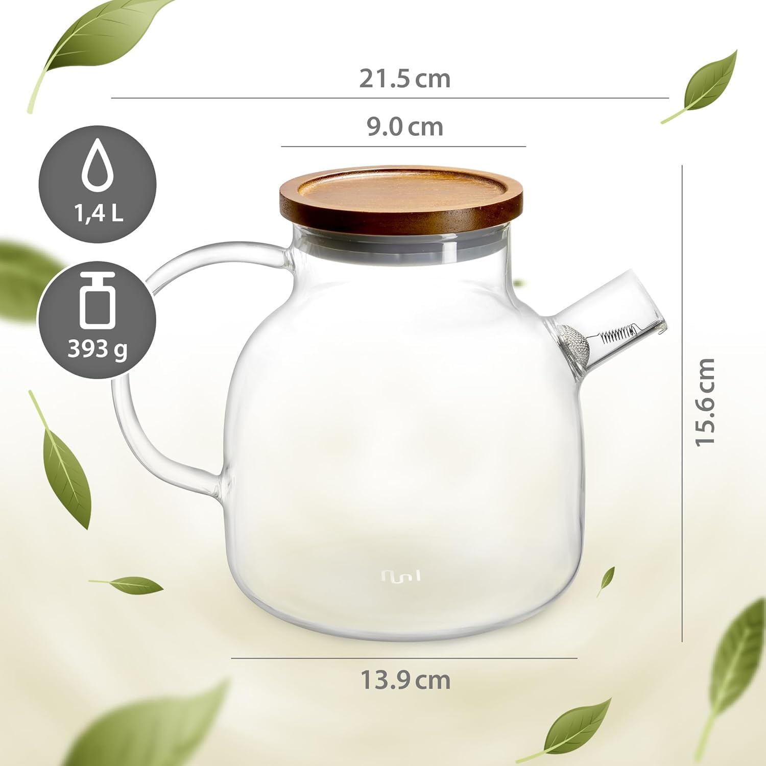 Impolio 1400ml Glas-Teekanne mit Siebeinsatz, Teekanne mit Holzdeckel, Hitzebeständiges Borosilikat Glas, Teekanne mit Sieb, Teekannendesign, Teeservice, Teapot