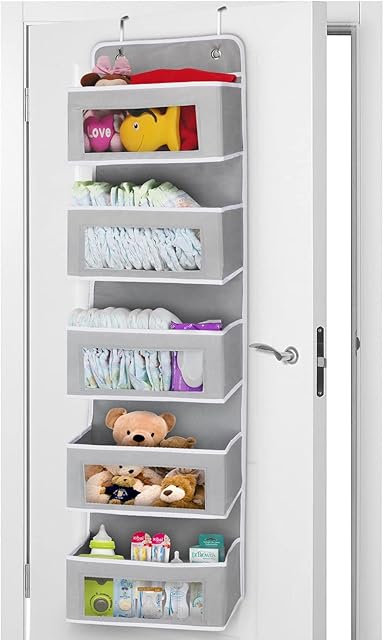 Over The Door Organiser Storage with Hooks, Bedroom Wall Hanging Storage 5 Pocket Clear Window Caddy Hanger for Baby Nursery Bathroom Closet Dorm Room