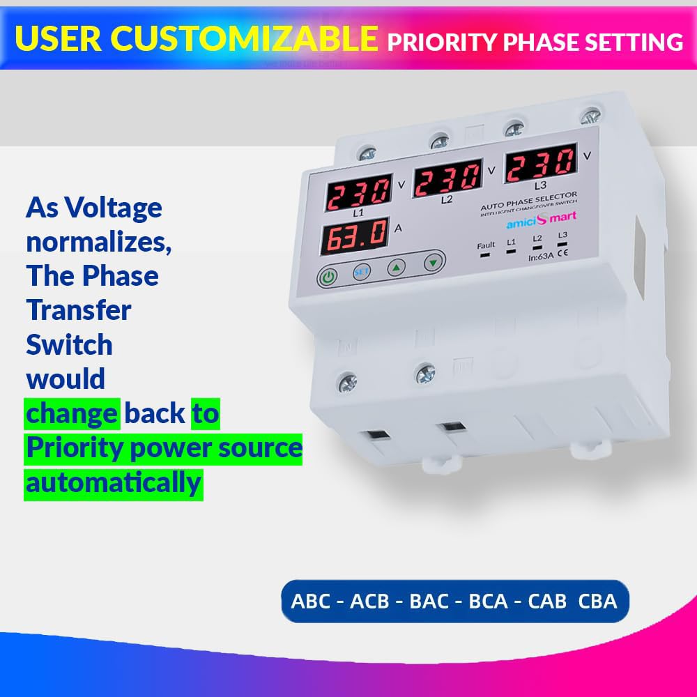 amiciSmart Intelligent 3 Phase to 1 Phase Selector/Changeover Switch, 230VAC Control Transfer Switch, Multicolor - Image 3 thumbnail