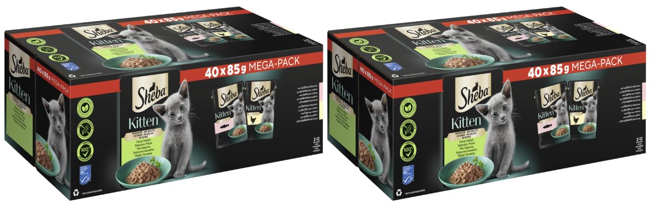 2x40x85g Sheba Katzenfutter Nassfutter Kitten Feine Vielfalt in Sauce Portionsbeutel Lachs Huhn Alleinfuttermittel für heranwachsende Katzen - Tiernahrung