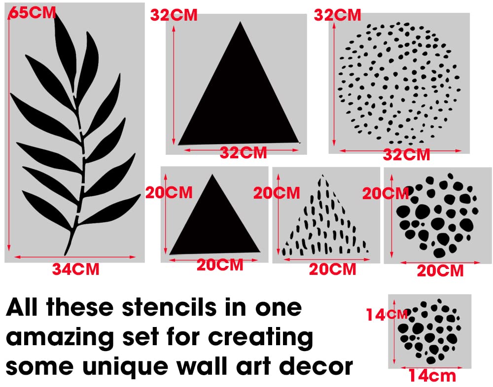 MODERNIA Abstrakte Formen Wandschablonen-Set, Innen, Außen, Wandkunst, geometrische Formen, botanische Pflanze und Kreispunkte Dekor Schablonen