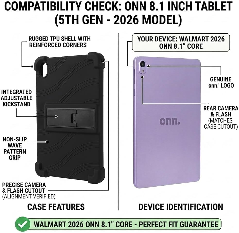 Case for onn 8.1" Tablet 2026 Gen 5 – Soft Silicone Shockproof Cover with Kickstand, Kid-Friendly (Black) image 2