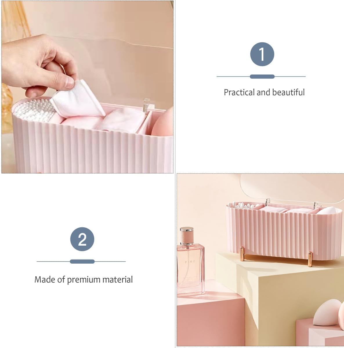 GLEAVI Pink PP Makeup Storage Box with Lid, Three-compartment Organizer image 3