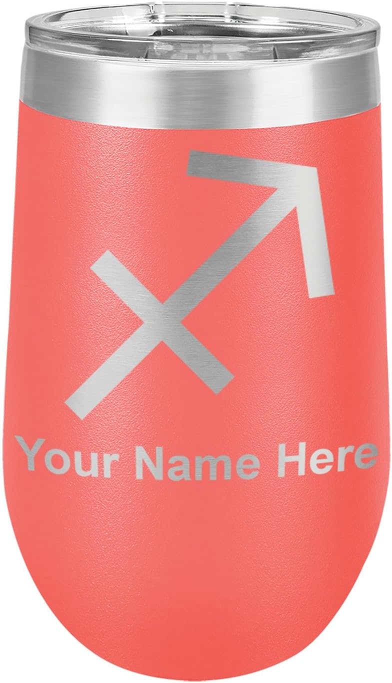 LaserGram 16oz Double Wall Stainless Steel Wine Glass Tumbler, Zodiac Sign Sagittarius, Personalized Engraving Included (Black)