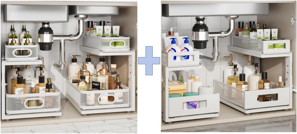 4 Pack Under Sink Organizer With Next-Gen Ball-Bearing Slides,2-Tier Precision Mesh Pull Out Cabinet Drawers Storage for Bathroom&Kitchen,Height Adjustable Shelf,Rust-resistant-White